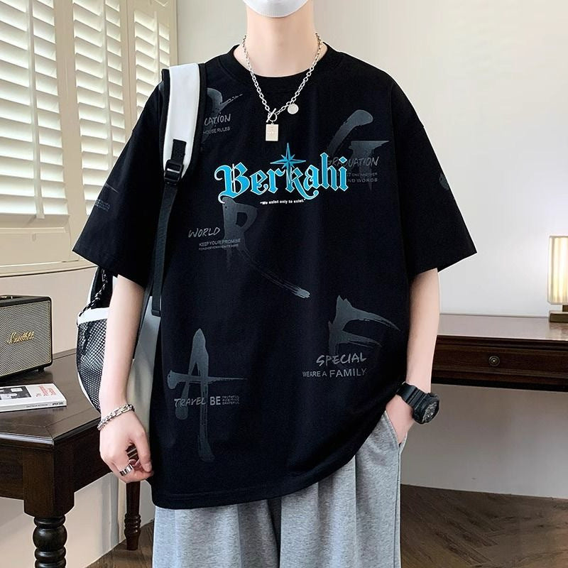 2025Summer New Men's Youth Casual Stylish Trendy Loose Short Sleeve T Shirt Gradient Color for Middle and High School Students