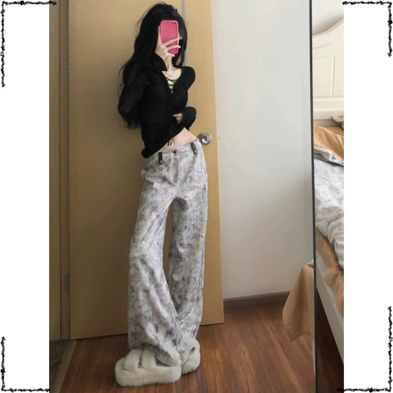 American Retro Tie-Dye Print Casual Wide-Leg Jeans for Women Loose High-Waist Draped Floor-Length Pants Summer Hot Sale