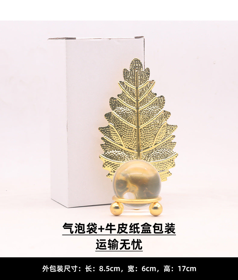 Nordic Light Luxury Metal Leaf Crystal Ball Ornament for Study Room Bookshelf Wine Frame Model Room Entrance Decoration Ornament