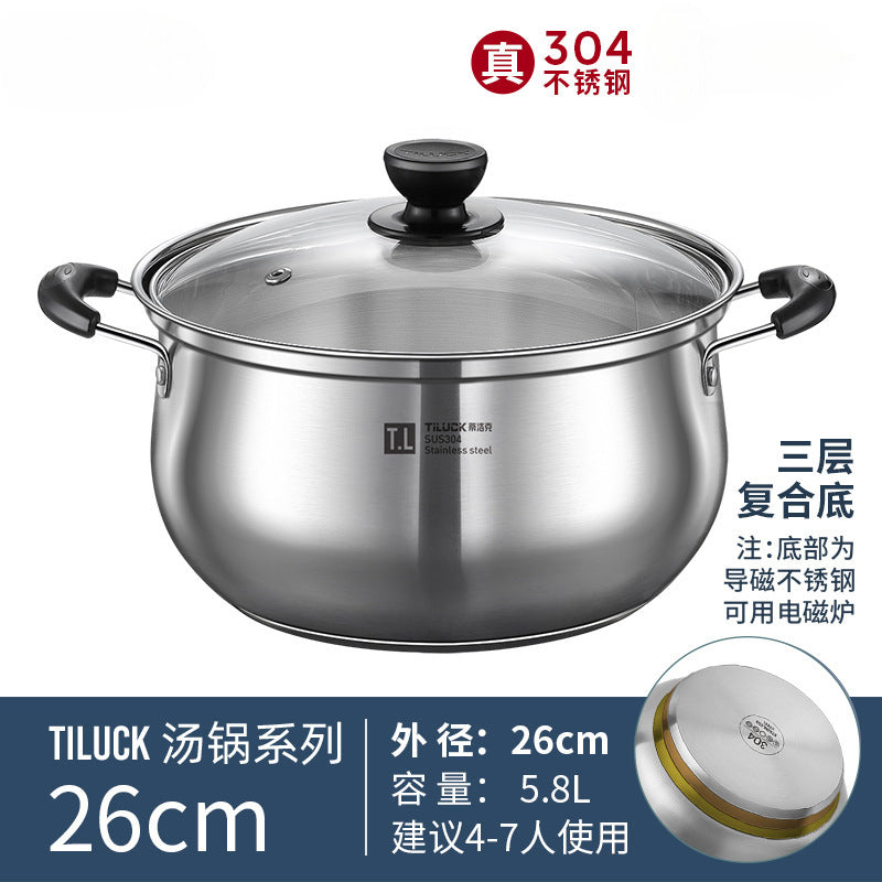 304Stainless Steel Soup Pot for Home Use, Non-Coated Instant Noodle Pot, Double Ear Small Pot, Steamer, Special for Gas and Induction Cookers