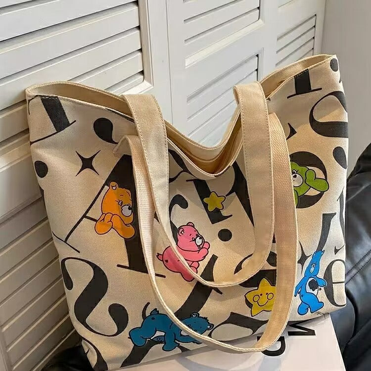 Student Canvas Bag for Women, Large Capacity Tote Commuter Bag, Versatile Printed Mommy Bag, Handheld Shoulder Bag, Shopping Bag for Women