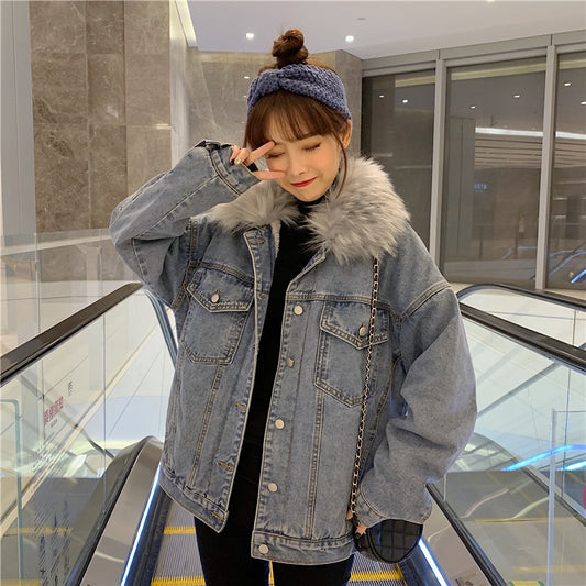 Cross-Border2022Winter New Korean Style Loose Thickened Fleece Rabbit Fur Inner Large Fur Collar Denim Jacket Women's Cotton Coat