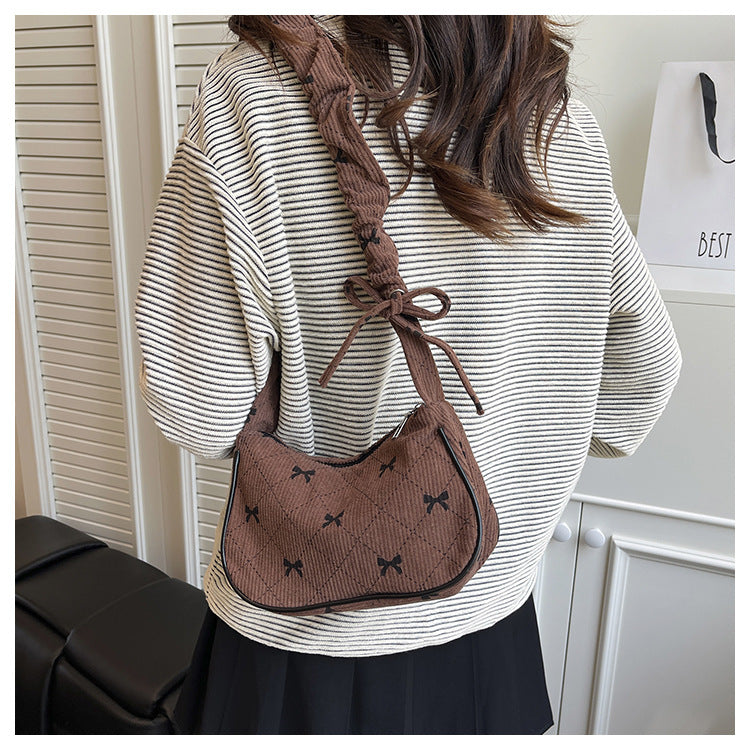 Sweet Bow Plaid Single Shoulder Underarm Crescent Bag2024Autumn new simple casual large capacity handbag
