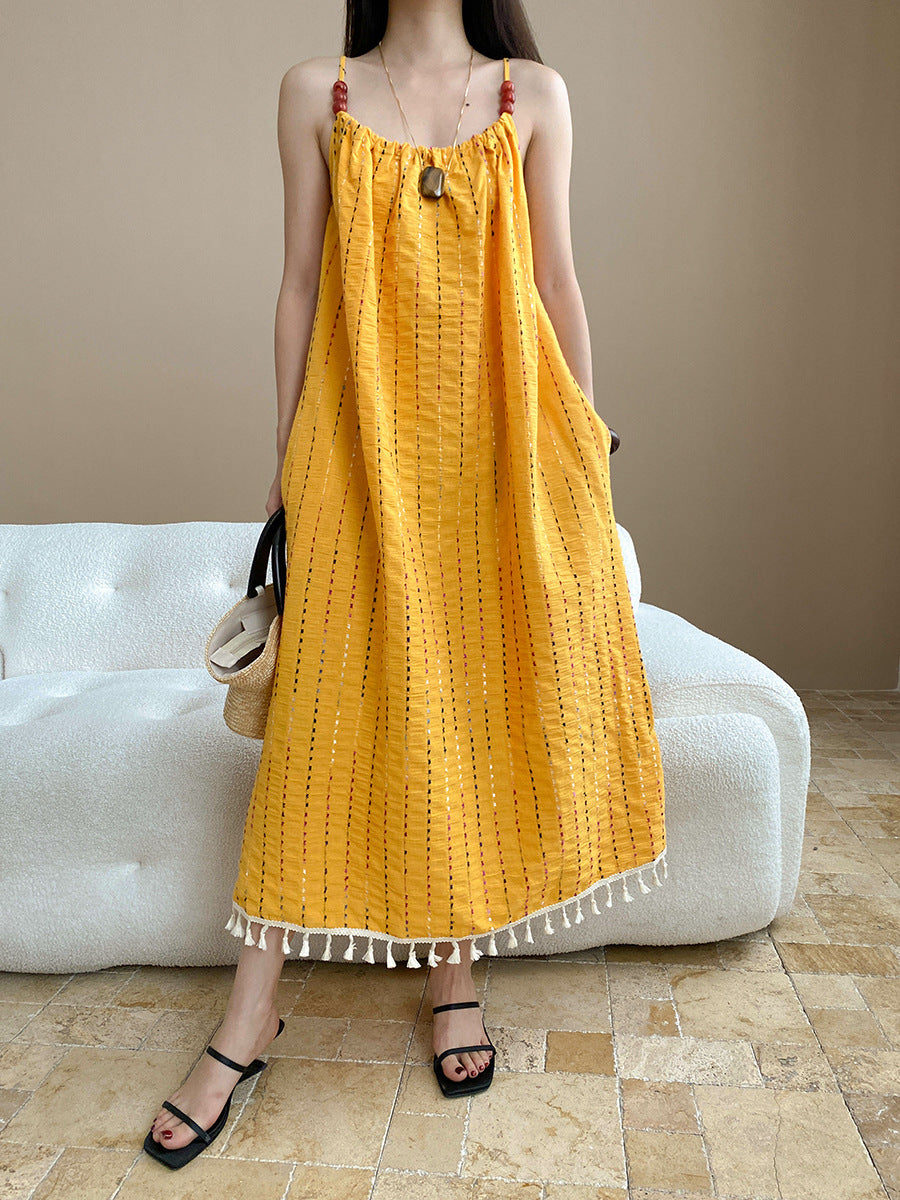 Sinan At dusk and sunset Full Grid Line Beach Vacation Tassel Beaded Strap Dress SN7536