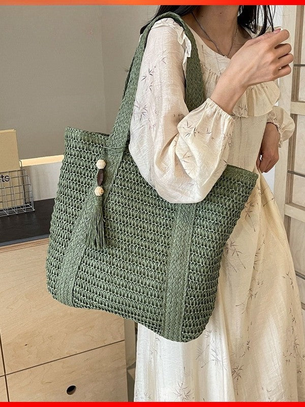 Cross-Border Hot-Selling Women's Bag Simple Large Capacity Lightweight Woven Bucket Beach Bag Trendy Straw New Handheld Shoulder Bag