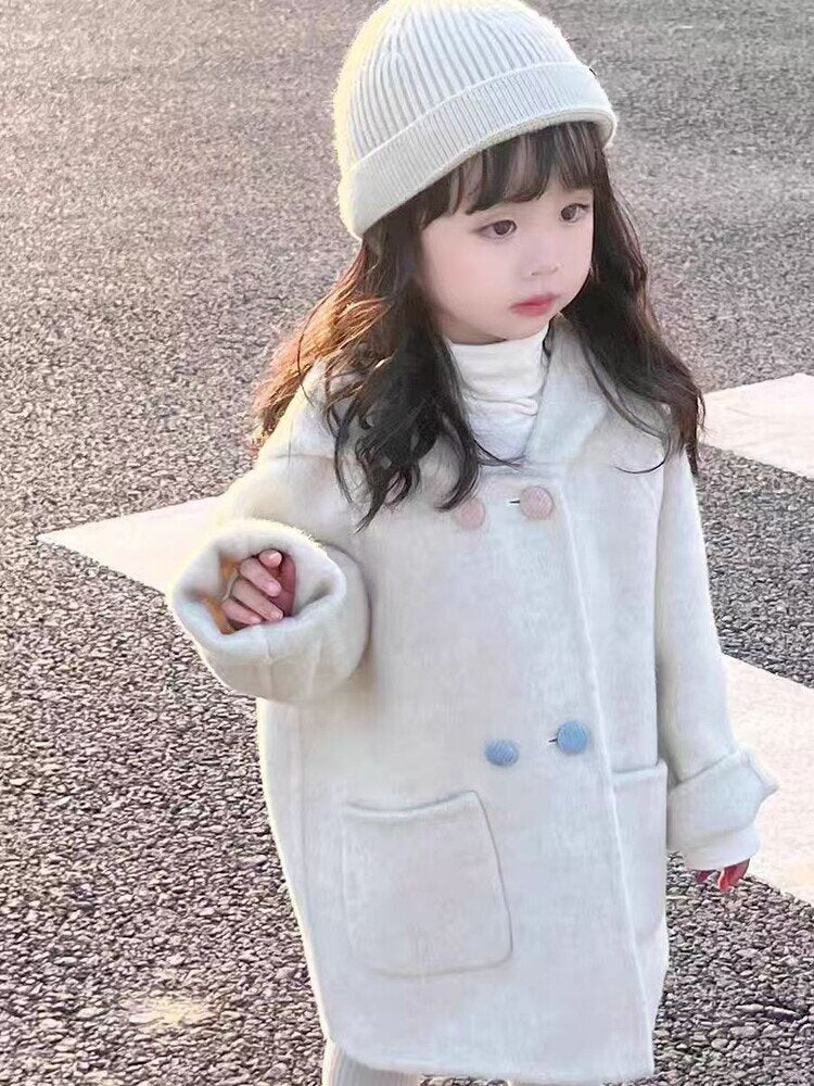 Girls' Wool Coat with Fleece Lining and Thickened2024Autumn and Winter New Cute Baby Girl Stylish Korean Children's Clothing Wool Coat