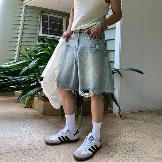 American Style Retro Washed Distressed Denim Shorts for Men Summer Cool Casual Loose Wide-Leg Five-Point Shorts