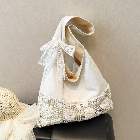 Design Summer Vacation Style Large Capacity Beach Bag Niche Lace Canvas Underarm Bag Women's Floral Single Shoulder Tote Bag