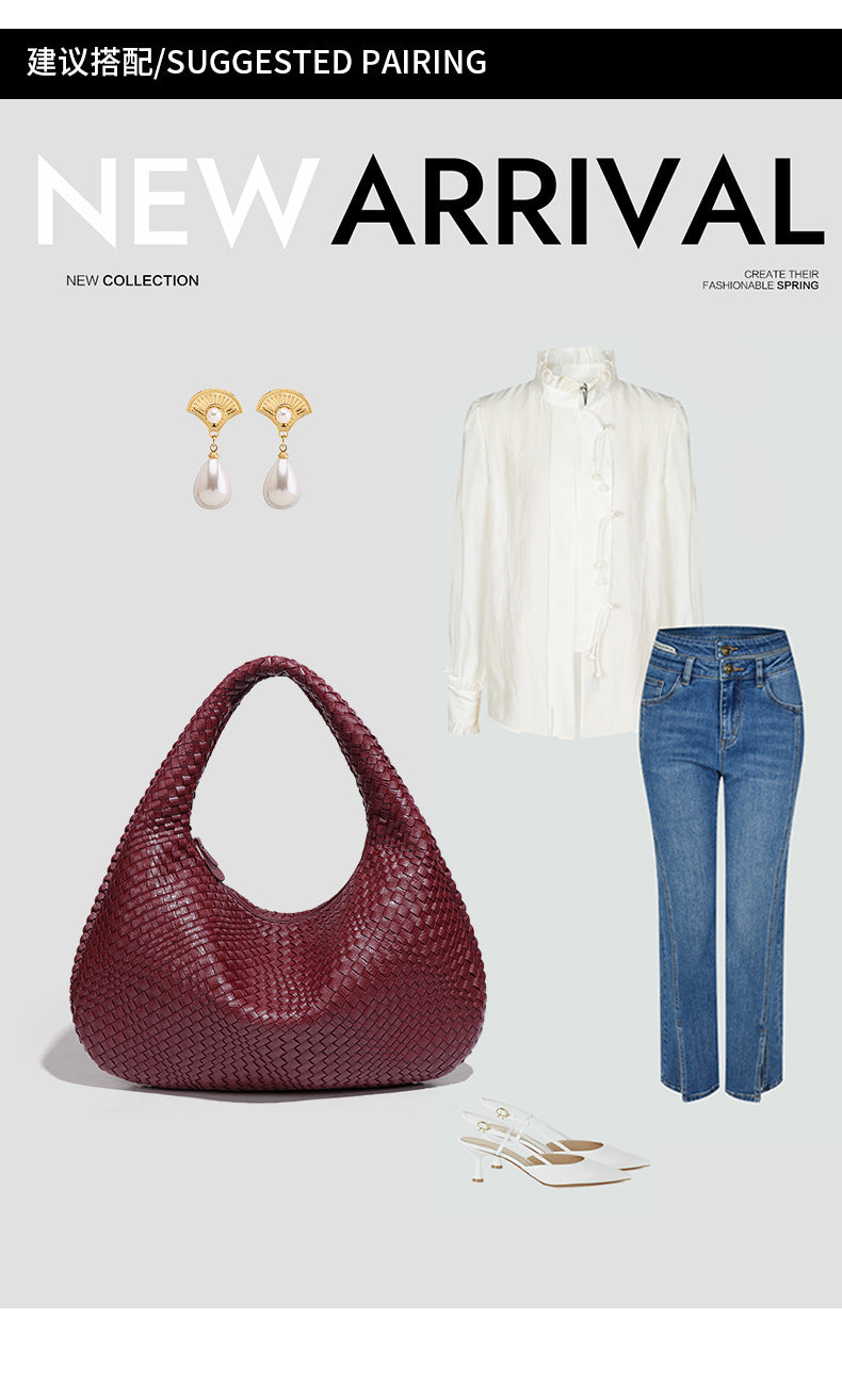 2025New Crescent Moon Women's Bag Fully Handwoven Handheld Dumpling Bag Fashionable Versatile European and American Style Single Shoulder Underarm Bag
