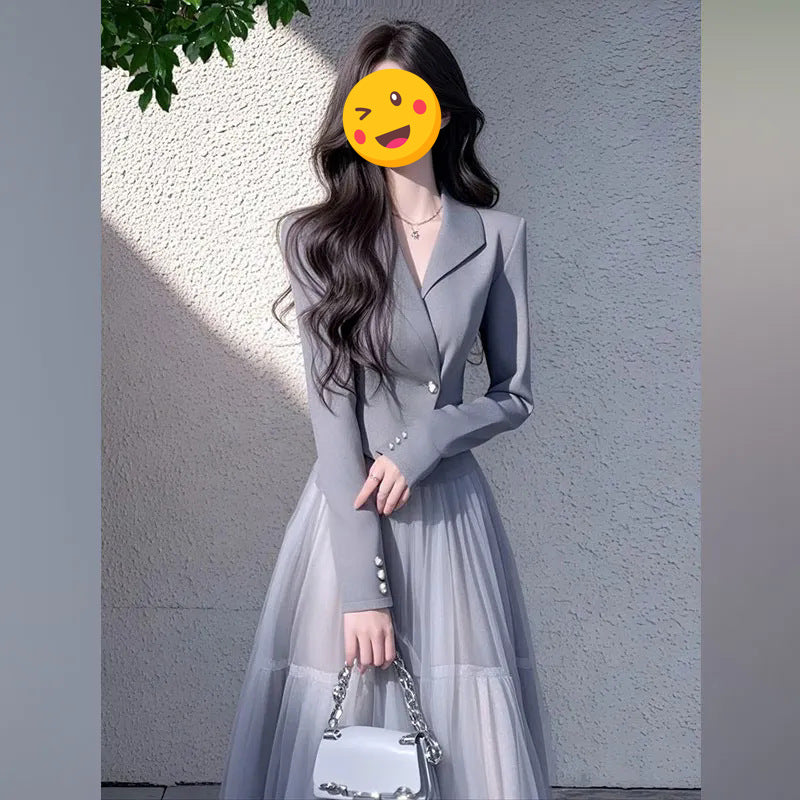 2025Spring 2023 Light Luxury High-End Elegant Socialite Little Chanel Style Gray Blazer Mesh Skirt Set