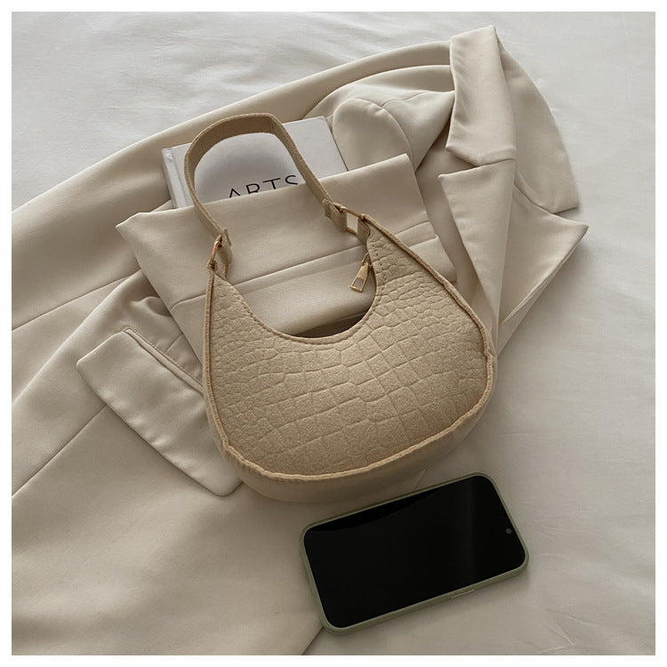 Solid Color Elegant Women's Bag2024Trendy Korean Style Autumn Winter New Stone Pattern Underarm Bag Casual Shoulder Handbag