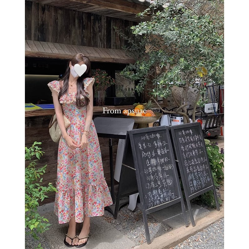 Floral Square Neck Slim Fit Women's Dress for Beach Vacation Casual Long Dress