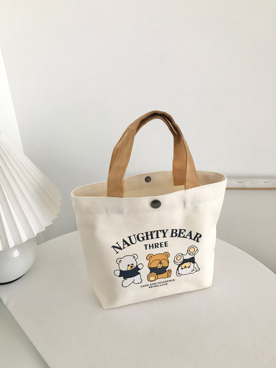 New Bear Canvas Bag for Female Students, Portable Small Handheld Lunch Bag, Tote Bag, Canvas Pouch, Gift Bag