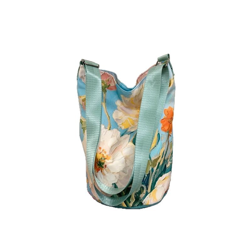 New2025Floral Oil Painting Niche Large Capacity Versatile Commuter Bucket High-end Bag Women's Shoulder Bag Hot Item