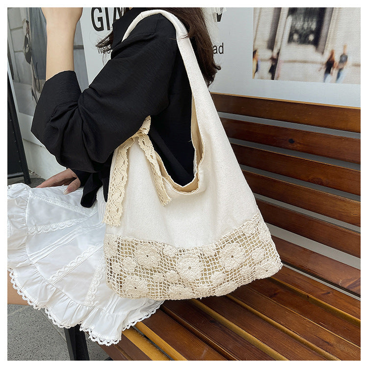Design Summer Vacation Style Large Capacity Beach Bag Niche Lace Canvas Underarm Bag Women's Floral Single Shoulder Tote Bag
