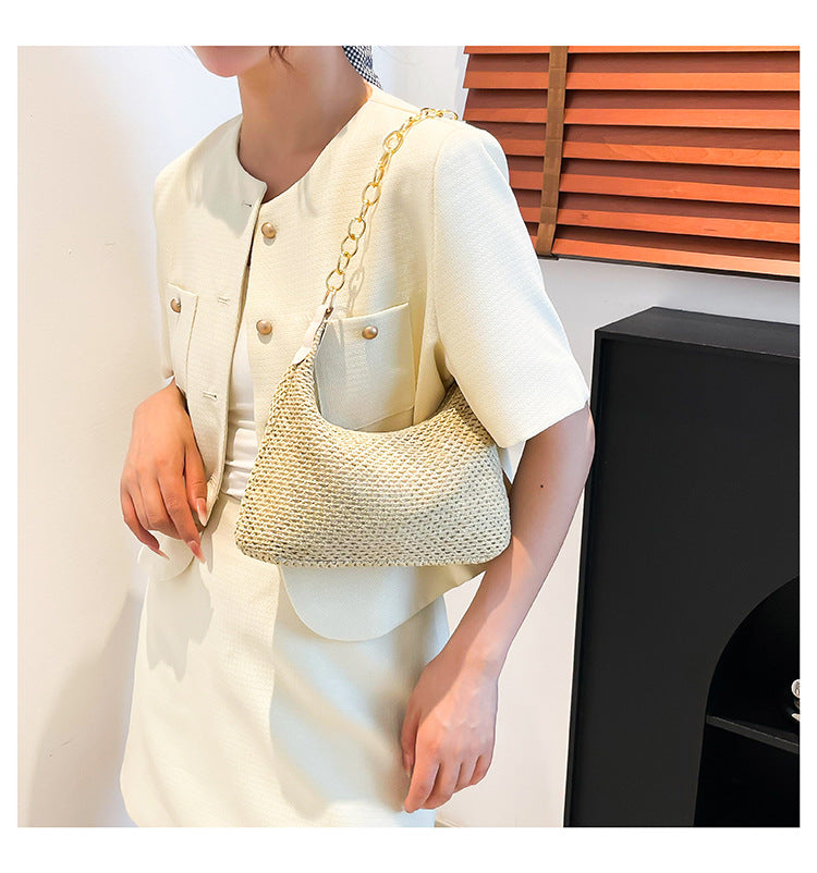 South Korea ins Vintage Woven Tote Bag Straw Bag Large Capacity Underarm Bag Shoulder Bag Vacation Style Beach Bag for Women