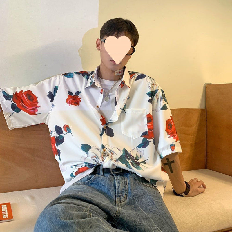 Summer Short Sleeve Floral Shirt for Men and Women Hawaiian Retro Hong Kong Style Loose Ice Silk Shirt Couple Outfit
