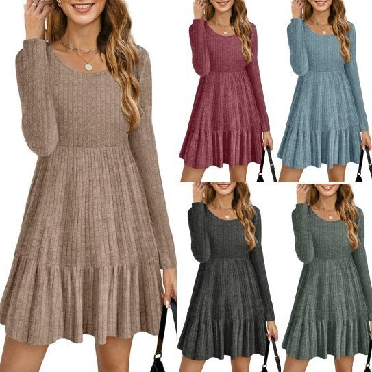 2023Autumn and Winter TEMU Amazon European and American Women's Fashion Cross-Border New Striped Round Neck Knitted Sweater Dress for Women