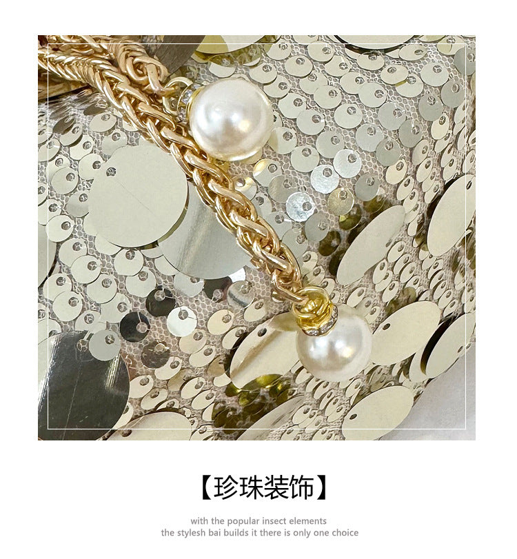 Trendy and High-End Sequin Bucket Bag2025Summer New Fashion Versatile Stylish French Chain Single Shoulder Crossbody