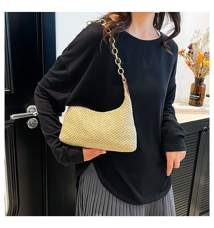 South Korea ins Vintage Woven Tote Bag Straw Bag Large Capacity Underarm Bag Shoulder Bag Vacation Style Beach Bag for Women