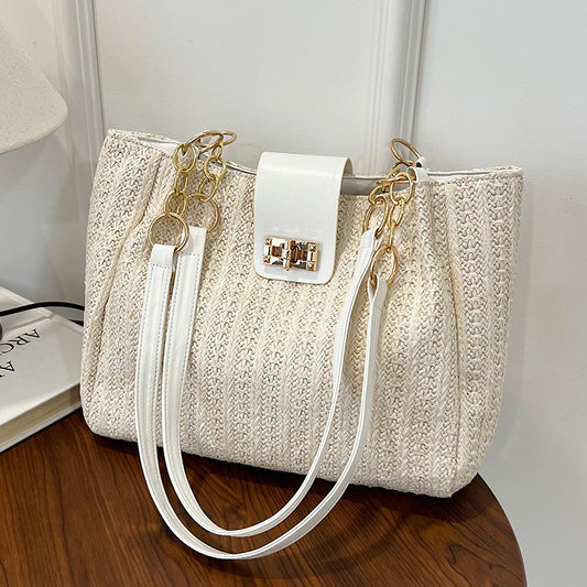 2025Women's Spring New Small Chanel Style Bag for Work Commute Versatile Straw Woven Large Capacity Wide Shoulder Strap Women's Single Shoulder Bag