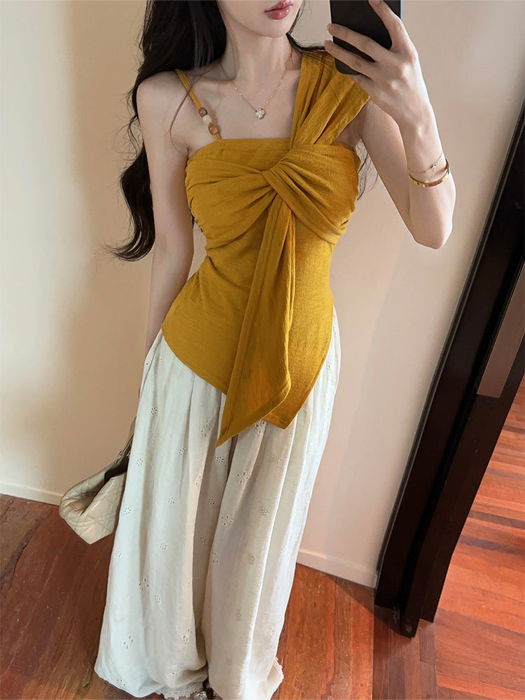 Pure Desire Hot Girl Off-Shoulder Twist t Women's T-shirt2025Summer New Slim Fit Fashionable Unique Design Top