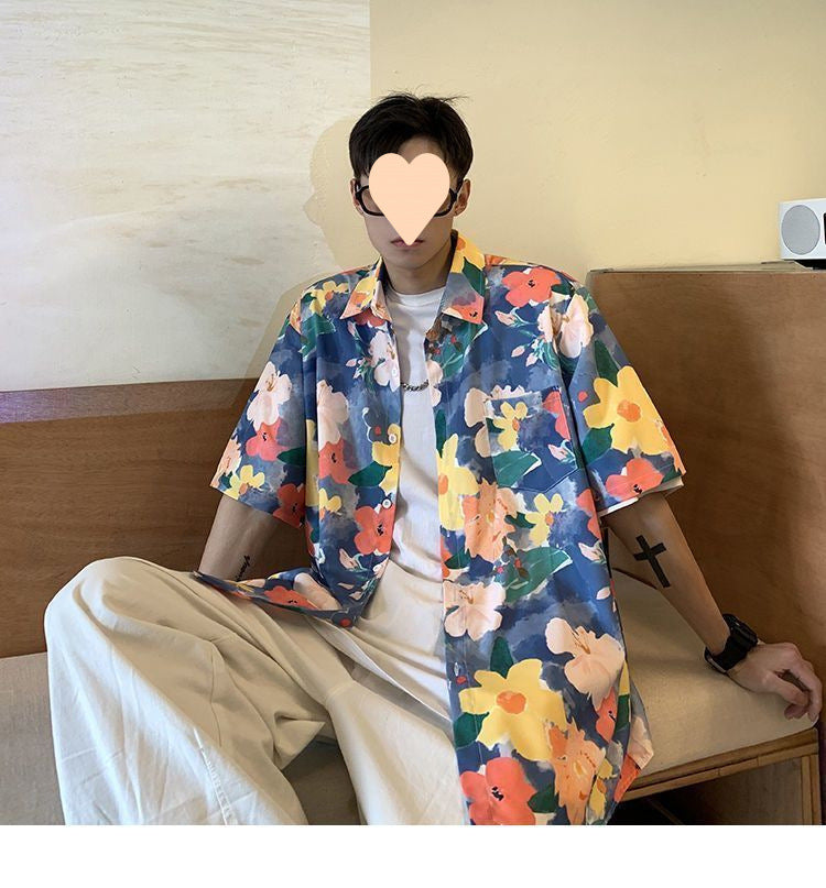 Summer Short Sleeve Floral Shirt for Men and Women Hawaiian Retro Hong Kong Style Loose Ice Silk Shirt Couple Outfit