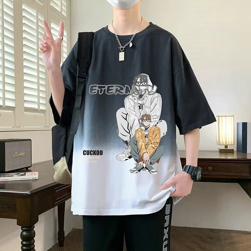 2025Summer New Men's Youth Casual Stylish Trendy Loose Short Sleeve T Shirt Gradient Color for Middle and High School Students