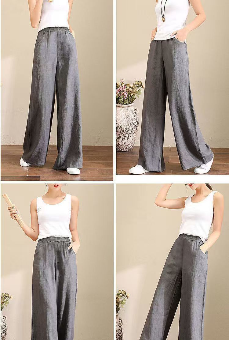 2025Plus Size Women's Linen Wide-Leg Pants High Waist Elastic Waist Cotton Linen Spring Summer Women's Long Pants Loose Cotton Linen Draped