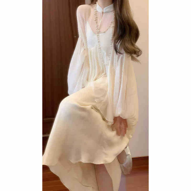 New Chinese Style National Style Set Cool and Relaxed Feel Strap Dress Stand Collar Top Elegant and Decent Two-Piece Dress Set