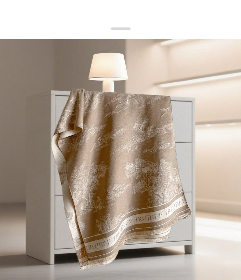 Light Luxury Style Imitation Cashmere Jacquard Shawl for Women Winter Warm Double-Sided Printed Landscape Scarf Outerwear Layering Neck Warmer