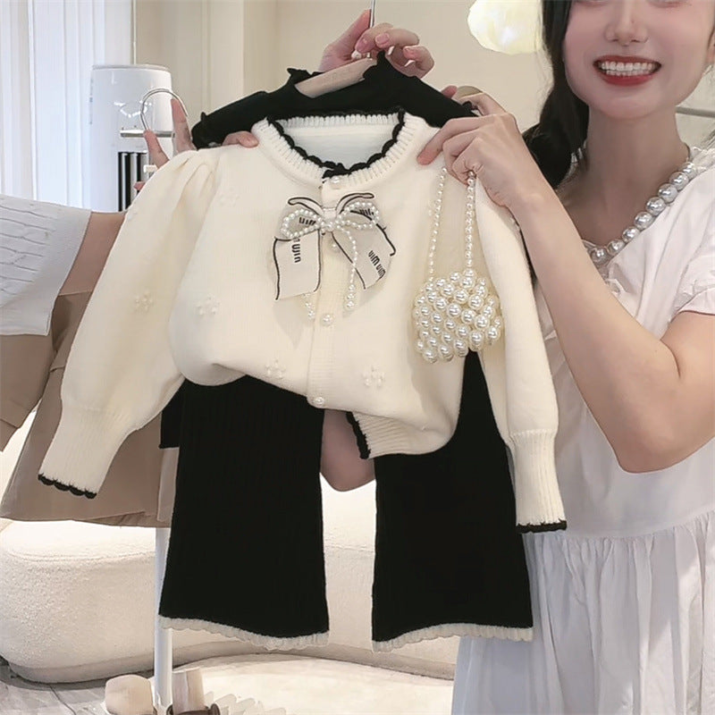 Sweet Little Girl Autumn Outfit Set25Spring and Autumn Korean Style Girl Little Chanel Style Sweater Jacket Baby Girl Flared Pants