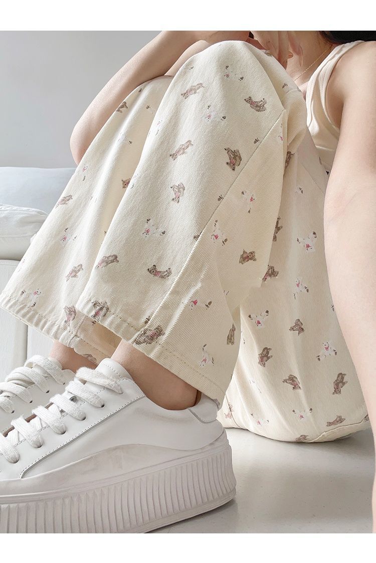 Yuejiaoer Original American Style Cartoon Bear Print Jeans for Women New Flared Loose Straight Wide-Leg Floor-Length Pants