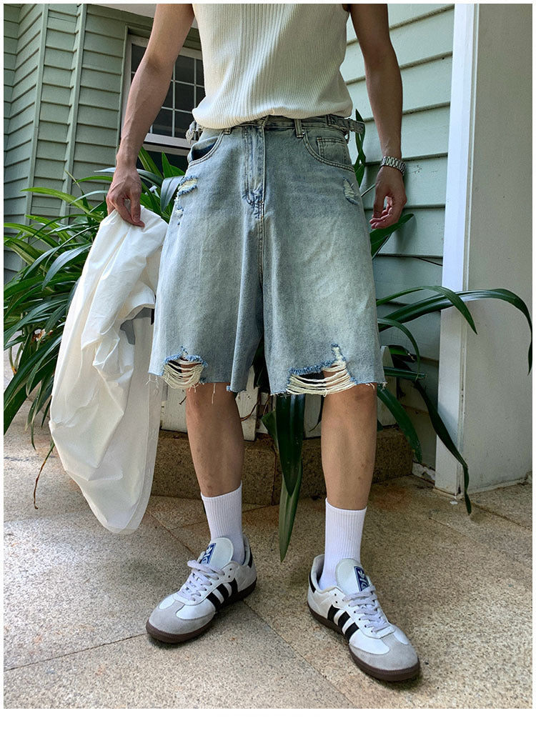 American Style Retro Washed Distressed Denim Shorts for Men Summer Cool Casual Loose Wide-Leg Five-Point Shorts