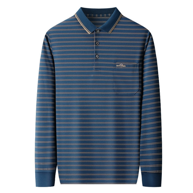 Autumn Men's Long Sleeve Cotton t Shirt for Middle-aged Dad Autumn Outfit with Turn-down Collar and Stripes POLO Base Layer Shirt T Grandpa's clothes