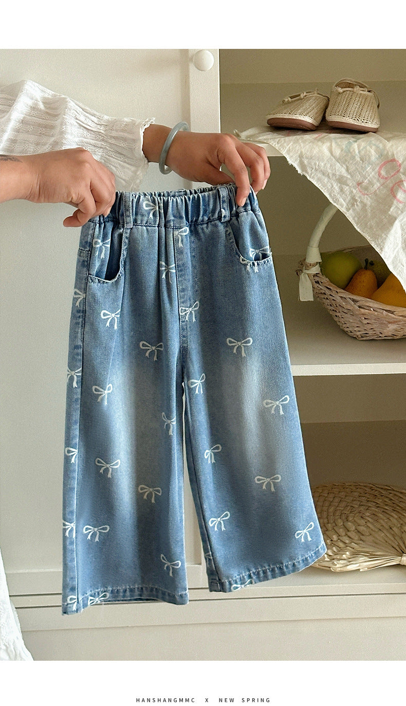 Girls' Pants Bowknot Print Jeans Wide Leg Straight2025Autumn New Fashionable and Stylish for Girls and Young Children