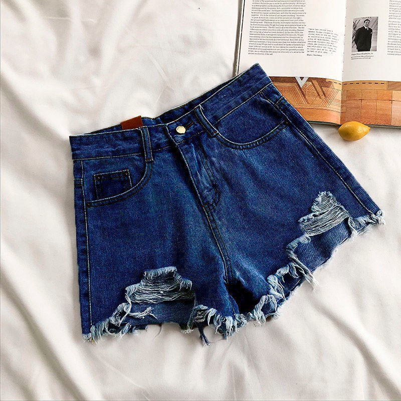 Summer Women's Korean Style New Loose Slimming Wide-Leg Hot Pants High-Waist Fashion Ripped Frayed Denim Shorts