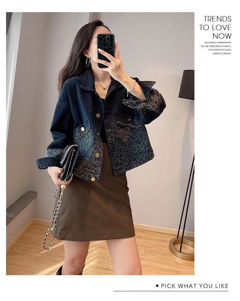 Black Vintage Leopard Print Denim Jacket for Women Fashion Short Coat Autumn Women's Clothing2022New Arrival Jacket