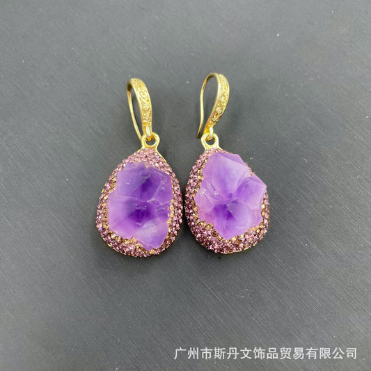 Natural Raw Amethyst Flower Four-Piece Set European and American French Style Unique Raw Gemstone Sweater Chain High-end Handmade Set