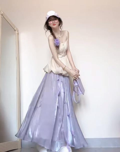Pure Desire Sweet Spicy Girl Set for Women Summer Flower Bud Strap Top Outfit Purple Stunning Half Skirt Fashion Two-Piece Set