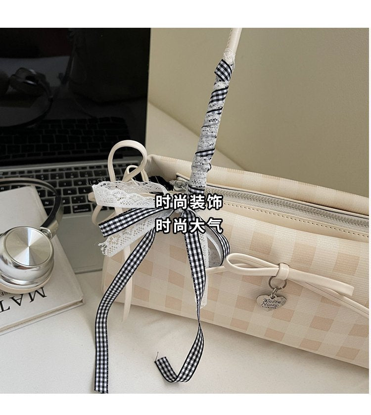 Dopamine Plaid Handbag Small Tote Bag for Women Summer2025New Ballet Style Bow Baguette Bag Underarm Bag Trendy