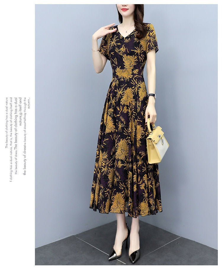 2022Summer New Chiffon Floral Dress Slimming Waist Plus Size Women mm Tummy-Covering Elegant Long Dress