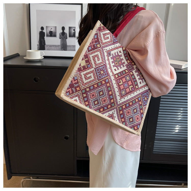 Large Capacity Commuter Bag Women2023New Fashion Single Shoulder Tote Bag Ethnic Style Student Handbag Class Bag Trendy