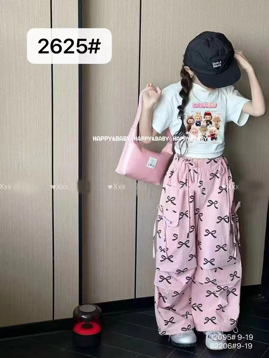 Girls' Bowknot Jeans2025New Style Children's Fashionable Wide-Leg Pants for Older Kids, Long Straight-Leg Pants