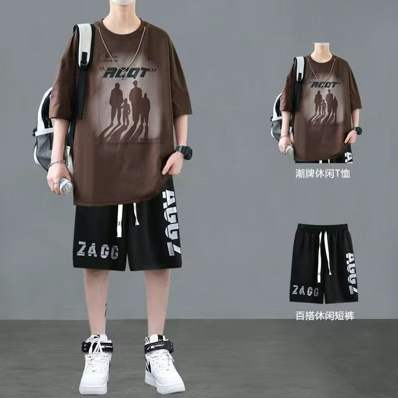 Summer Teenage Suit Boys Short Sleeve T T-shirt Short Sleeve New Style High School Student Trendy Casual Sports Two Pieces