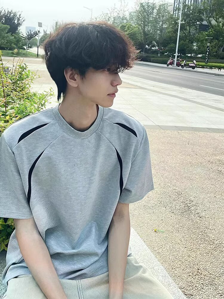 Gray Deconstructed Patchwork Design Short Sleeve Men's Summer Outfit Half Sleeve Top American Style Trendy Brand Regular Shoulder t T-shirt