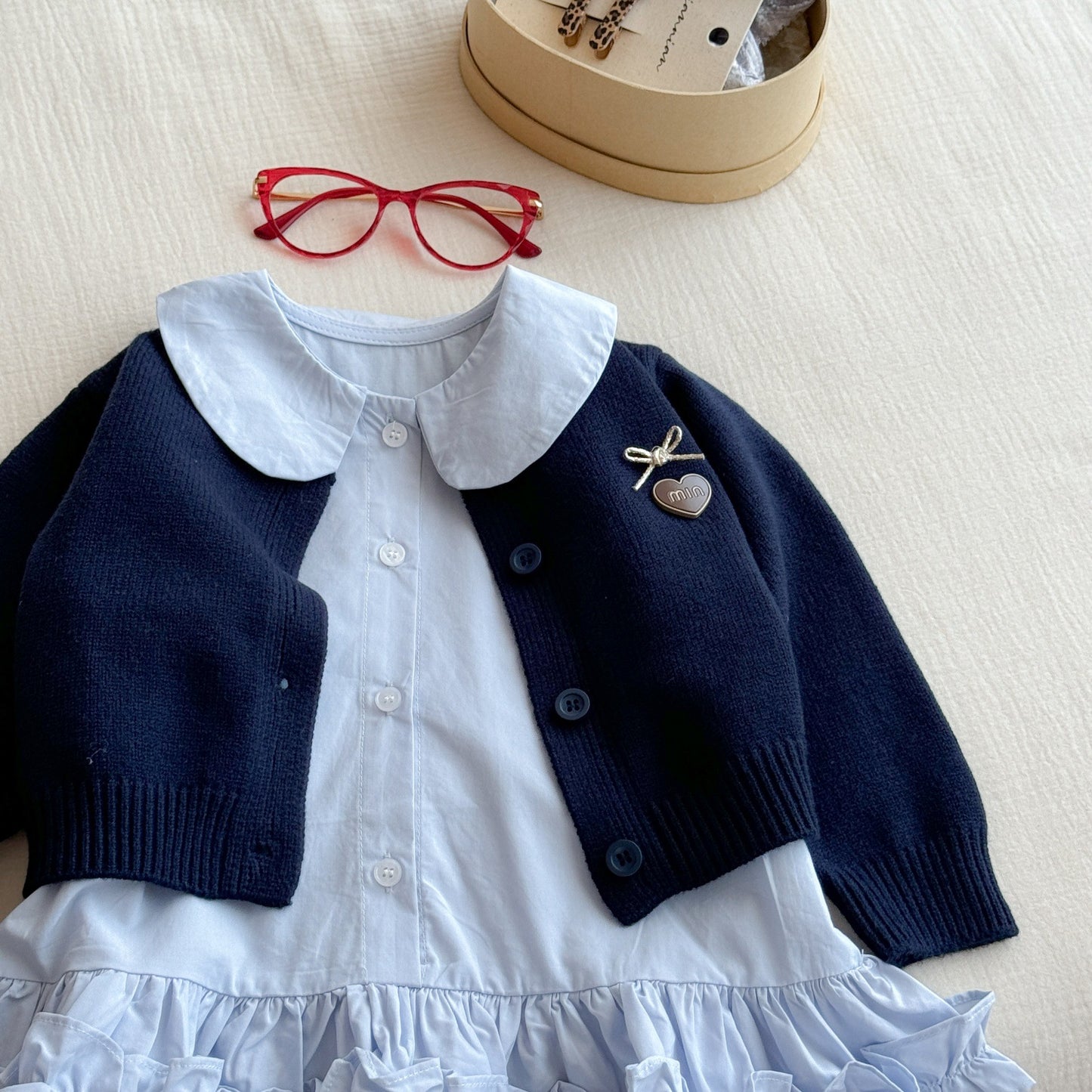 Sweet Little Girl Autumn Outfit Set New Autumn Navy Knitted Sweater Baby Shirt Skirt Fashion Two-Piece Set