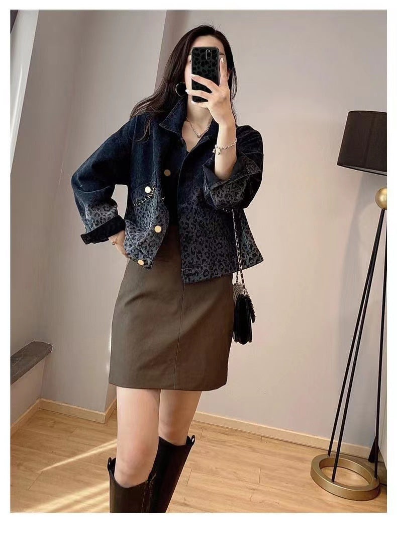 Black Vintage Leopard Print Denim Jacket for Women Fashion Short Coat Autumn Women's Clothing2022New Arrival Jacket