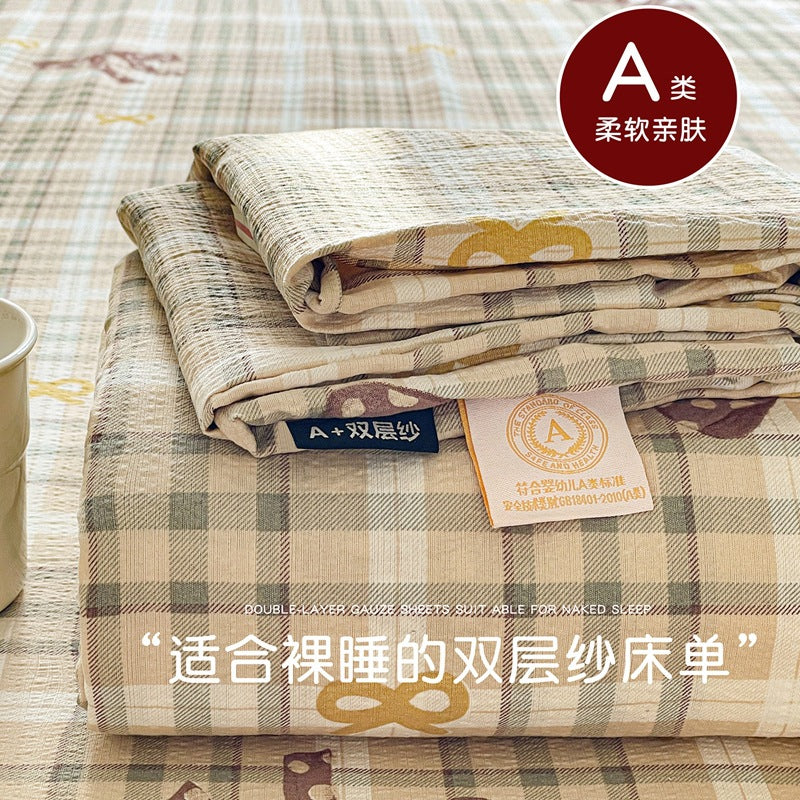 a Double-layer Gauze Bed Sheet Single Piece Fresh Style A Summer-style Naked Sleep Pillowcase Single Double Student Dormitory Three-piece Set
