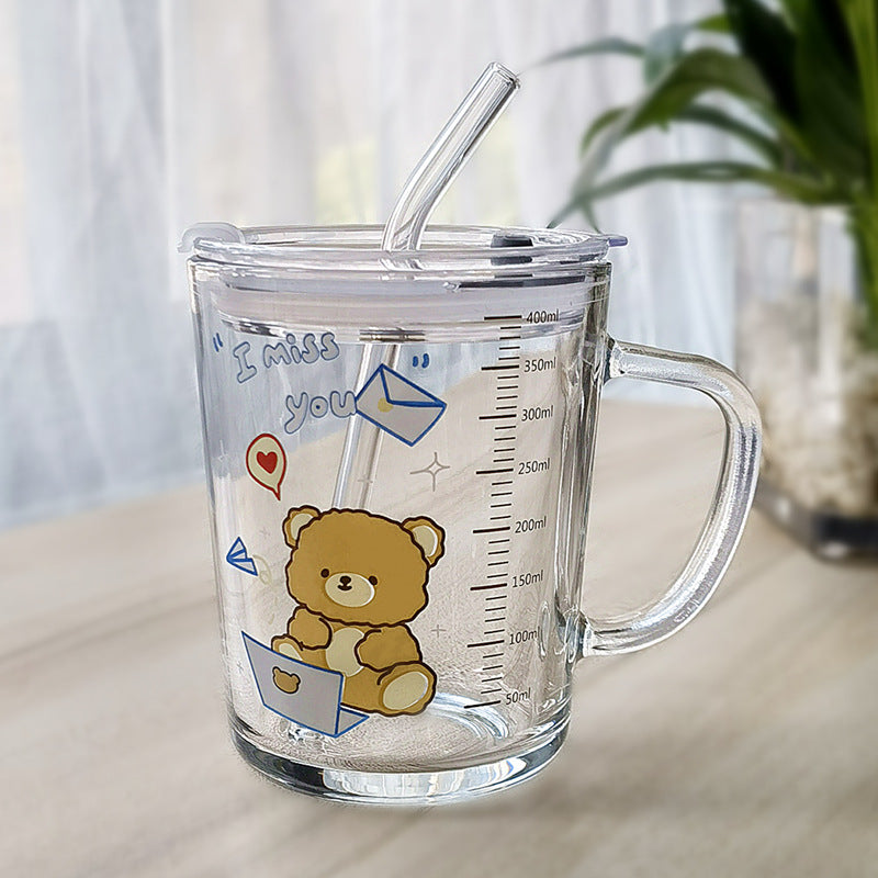 ins Glass Cup with Straw Milk Breakfast Cup Cute Cartoon Graduated Cup with Lid Spoon Gift Customization logo